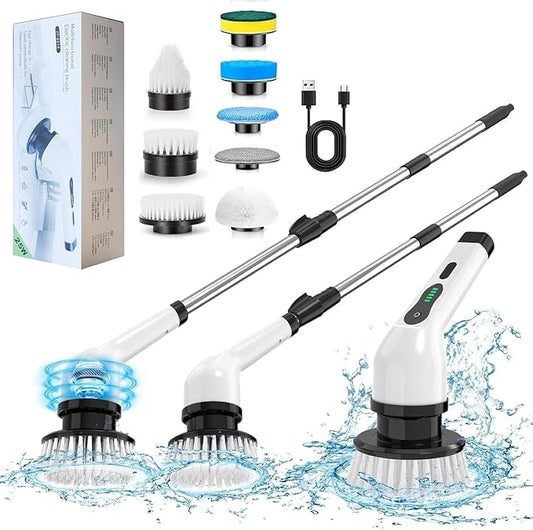 Leebein-Cepillo Electrico para Baño Limpieza,con 9 Cabezales de Cepillo para Polvo reemplazables,impermeable Cepillo de Limpieza inalámbrico,480-580RPM,Mango de Extensión Ajustable para baño,cocina,coche