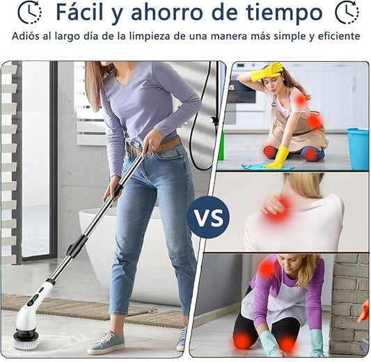 Leebein-Cepillo Electrico para Baño Limpieza,con 9 Cabezales de Cepillo para Polvo reemplazables,impermeable Cepillo de Limpieza inalámbrico,480-580RPM,Mango de Extensión Ajustable para baño,cocina,coche